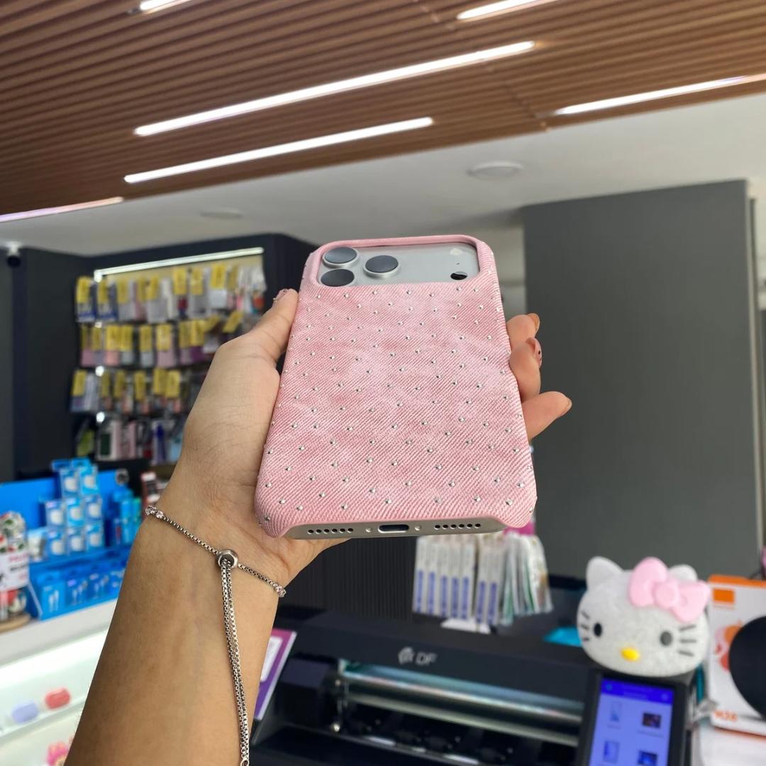 Funda Para iPhone De Tela Rosa Con Cristales
