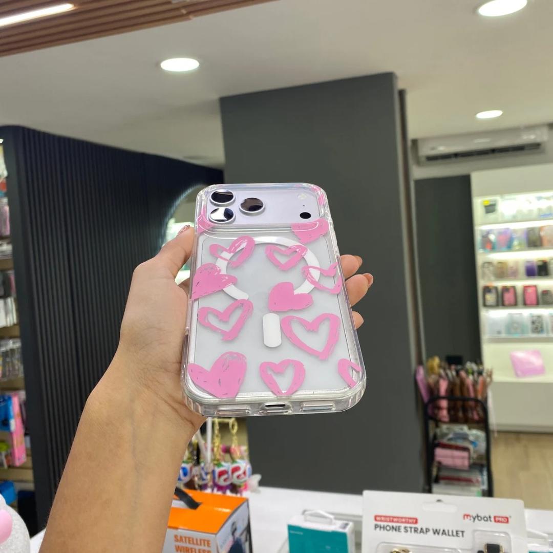 Funda Transparente Pink Hearts Magsafe Para iPhone