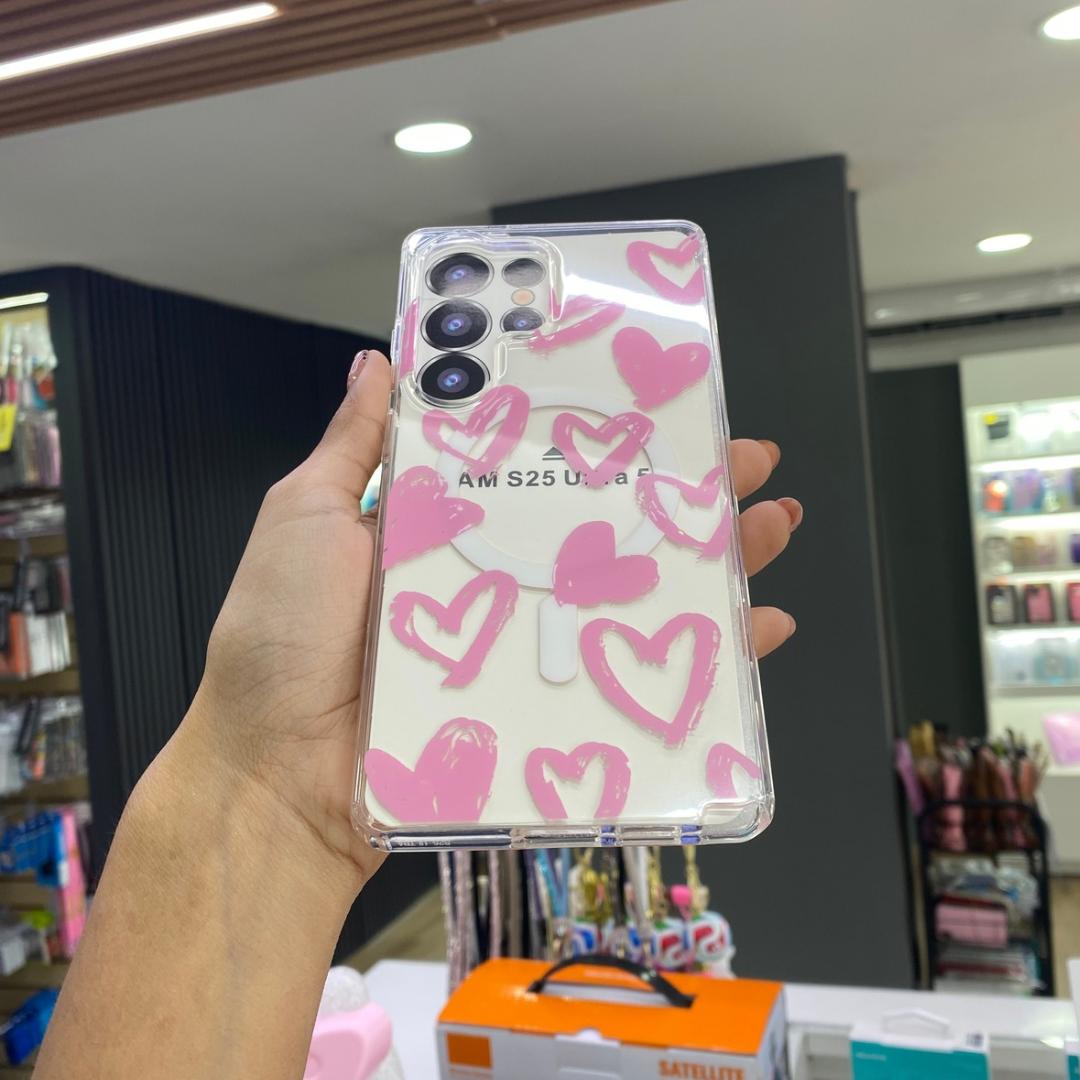 Funda Transparente Pink Hearts Magsafe Para Samsung