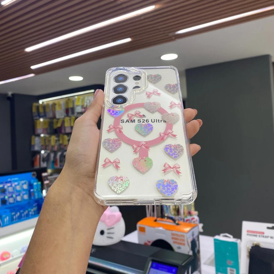 Funda Transparente Glitter Hearts Magsafe Para Samsung