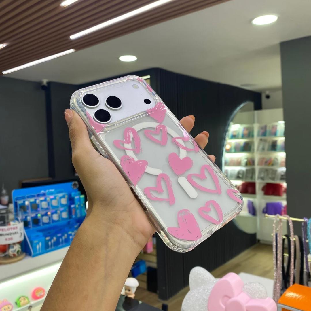 Funda Transparente Pink Hearts Magsafe Para iPhone