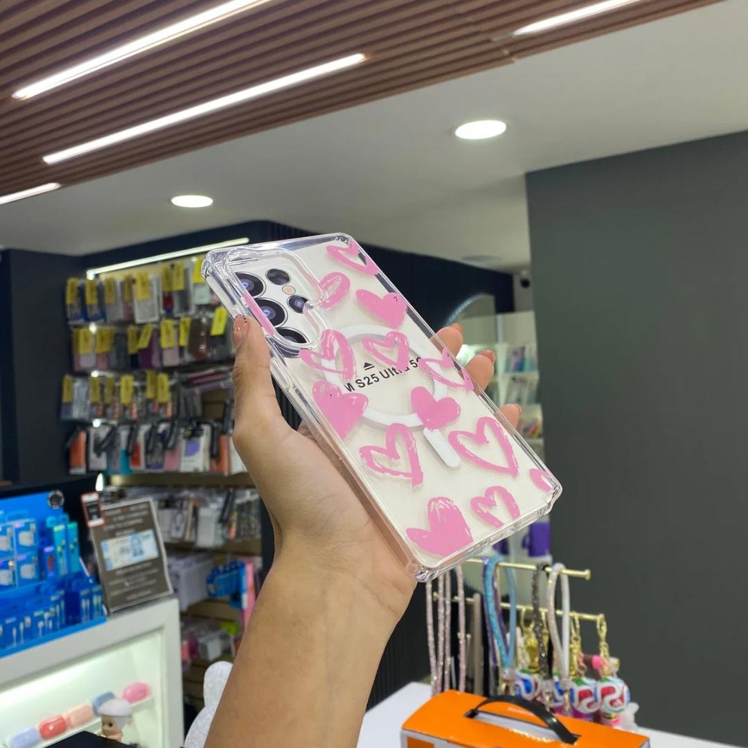 Funda Transparente Pink Hearts Magsafe Para Samsung