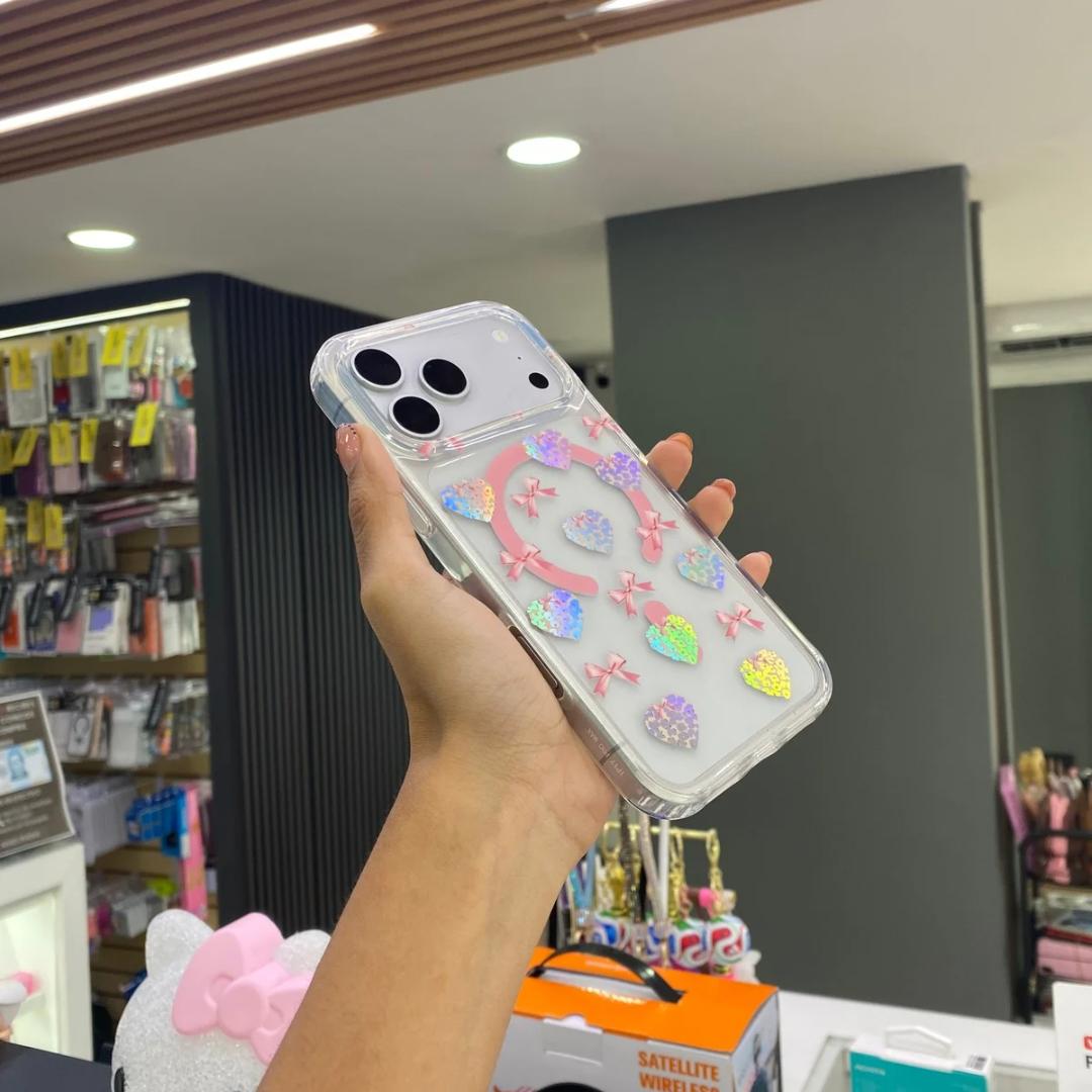 Funda Transparente Glitter Hearts Magsafe Para iPhone
